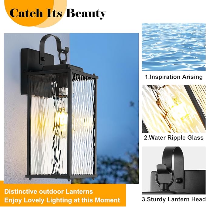Outdoor Lights for House with Water Ripple Glass Modern 2-Pack, IP65 Waterproof Porch Lights Outdoor Wall Sconces Matte Black Patio Garage Coach Lighting Exterior Lanterns Wall Mounted, 15"