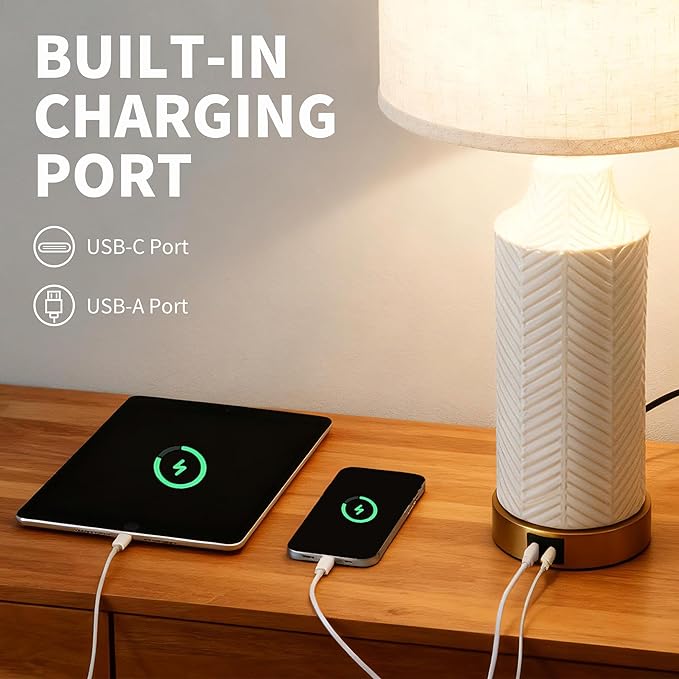 22" Touch Table Lamps Set of 2 with USB A+C Ports for Living Room, Dimmable Nightstand Ceramic Lamps with Linen Shade, Modern Bedside Lamp for Bedroom Home Decor, No Bulbs (2, White and Beige)