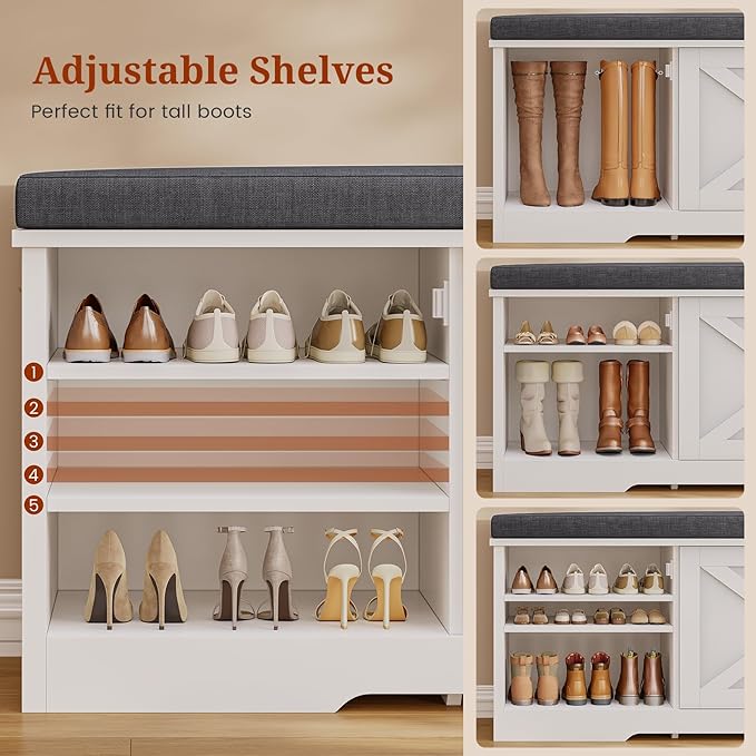 Farmhouse Storage Bench with Flip Drawers & Padded Seat Cushion, Half Hidden Shoe Rack Organizer, Adjustable Shelf Shoe Cabinet for Entryway, Bedroom, Living Room (White, 57IN)