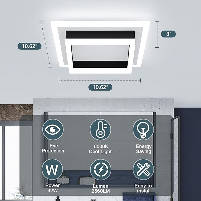 32W Modern LED Ceiling Light, Small Flush Mount Light Fixture, Kitchen Ceiling Light Fixture, Square Hallway Lighting Fixtures for Living Room Bedroom Bathroom Kitchen (2 Pack)