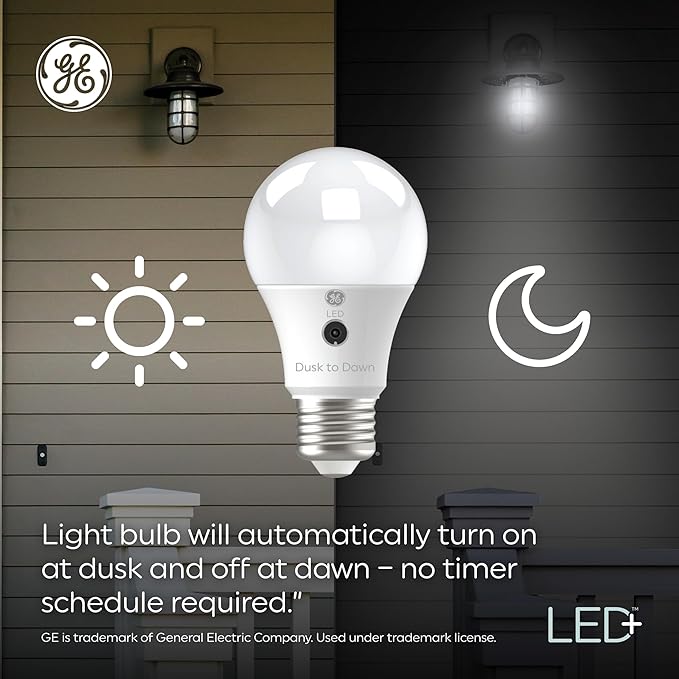 GE LED+ CA11 Dusk to Dawn LED Light Bulbs, Automatic On/Off Outdoor Security Lights, Soft White, E26 Medium Base (2 Pack)