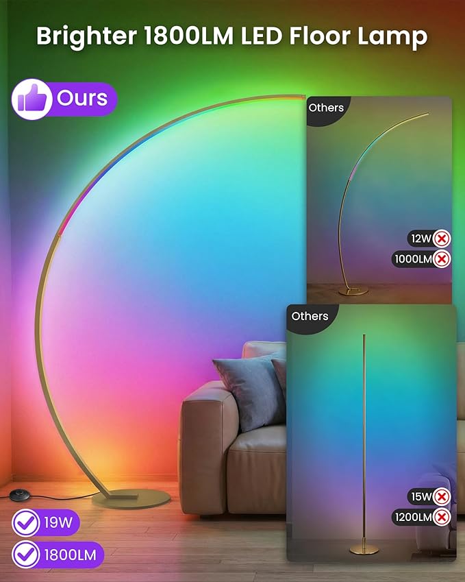 RGBW Floor Lamp, 75 inch Standing Tall Lamp, Dimmable Arc Floor Lamp for Living Room with Foot and Remote Control, 18 DIY Colors, 3000K-6000K White, Color Changing Ambient Light, Gold RD62LD05