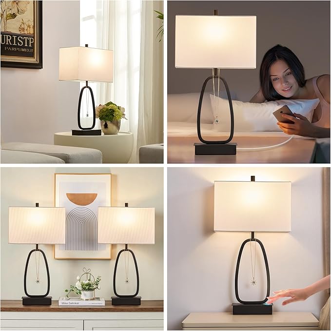 22" Set of 2 Modern Touch Table Lamps with 2 USB & AC Outlets, 3-Way Dimmable Bedroom Bedside Lamps for Nightstand Living Room Office Dining Room (LED Bulbs Included)