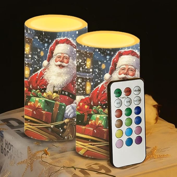 Santa Claus Flickering Flameless Candles Remote Control Candles Christmas Table Decorations for Dining Room Bedroom Home Indoor Table Festive Xmas LED Pillar Candles