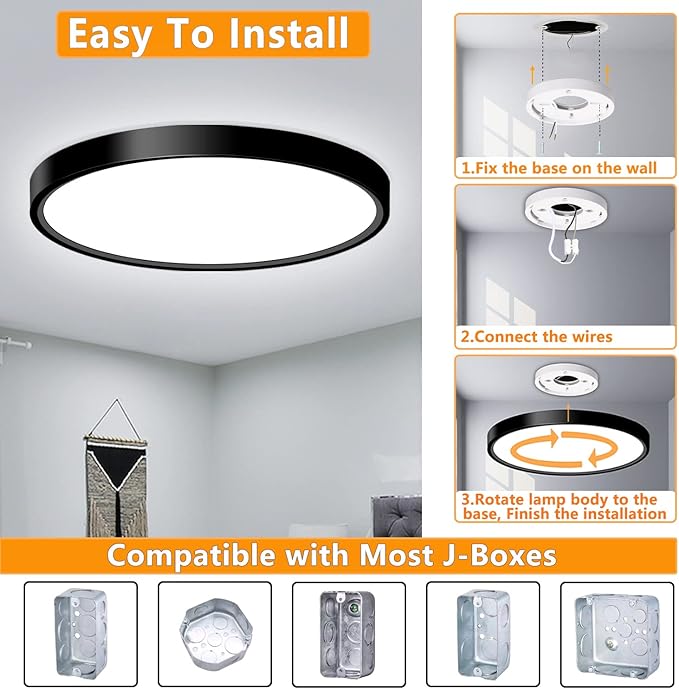 LED Flush Mount Ceiling Light Fixture, 9inch Modern Black Light, 18W 5000K, Low Profile Slim Flat Surface Lights for Bedroom Kitchen Hallway Laundry Stairwell Basement Closet