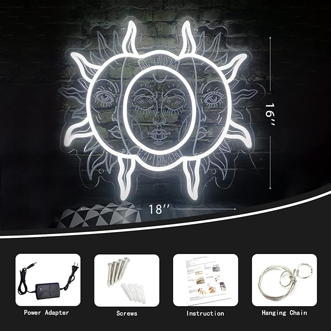 Sun and Moon Custom Neon Sign, 3D Aesthetic Burning Sun Light Hippie Indie Fractal Faces LED Sign Psychedelic Boho Neon Light Mystic Mandala Sign Wall Decor for Bedroom Home Bar Man Cave Parties Gift