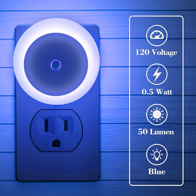 KINUR 6 Pack Blue, LED Night Lights Plug into Wall with Dusk to Dawn sensors, Plug in Night Lights for Kids Room, Bedroom, Bathroom, Baby Nursery,Stair Lights, Hallway Light