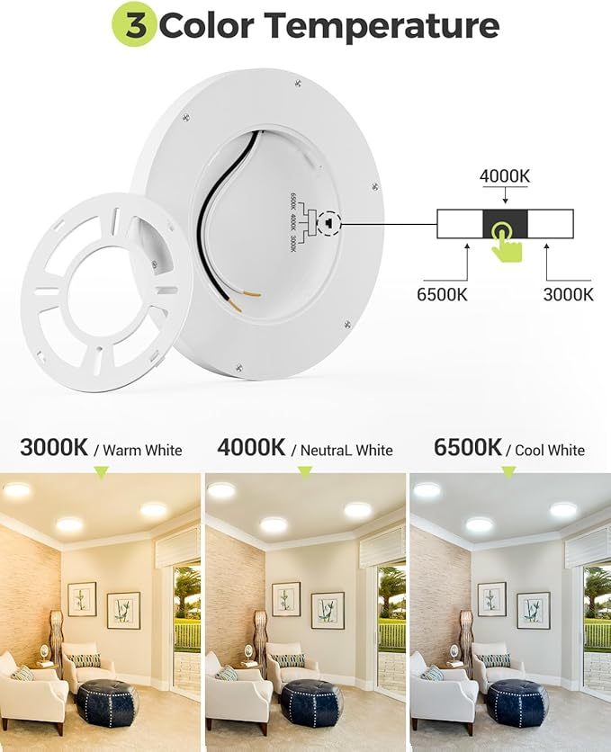 2PACK LED Flush Mount Ceiling Light - 3CCT Selectable 3000K-4000K-6500K & 100W Equivalent Modern Kitchen Recessed Ceiling Lamp 24W 3200Lm 12 Inch for Bathroom Closet Laundry Bedroom Hallway, White
