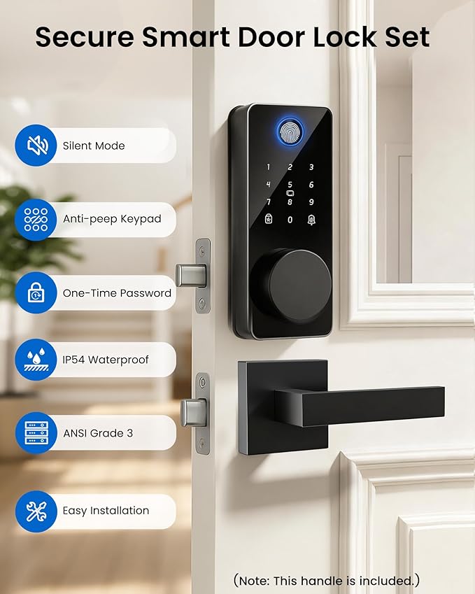 Smart Deadbolt Lock with 2 Handle Set, 5-in-1 Keyless Entry Door Lock with Fingerprint, APP Control, Auto Lock, IP54 Waterproof, Temporary Passcode for Front Door