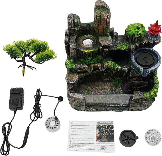 Waterfall Fountain, 11.8in Tabletop Mist Fountain with Atomizer, 110v 4-Color LED Lights, Resin & Glass Hand-Painted Landscape, Mirror Waterfall for Home Office Yoga Room