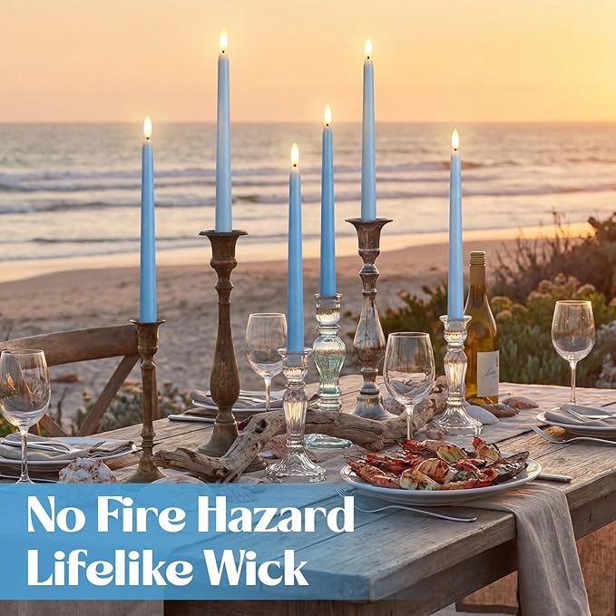 Macarrie 24 Packs Flameless Taper Candles Battery Operated Fake 11 Inch Long Candlelight LED Flameless Candlesticks Flickering Tapered for Spring Summer Wedding(Mixed Blue)