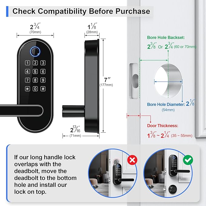 Bluetooth Fingerprint Smart Lock with Handle & Keypad – Fits Most US Doors, DIY Install, Keyless Entry: Code, FOB, Auto-Lock. Ideal for Home, Airbnb, Rental, Kids, Seniors. Alexa & Google Compatible