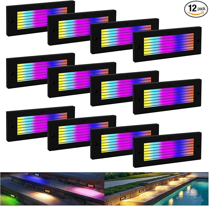 Outdoor Stair Lights, 5W 8.7" 12V LED RGB Color Changing Low Voltage Under Deck Stair Lights Wired for Step Deck Fence Outdoor Waterproof, 0.6'' Ultra Thin Surface Mount, Black, 12PK