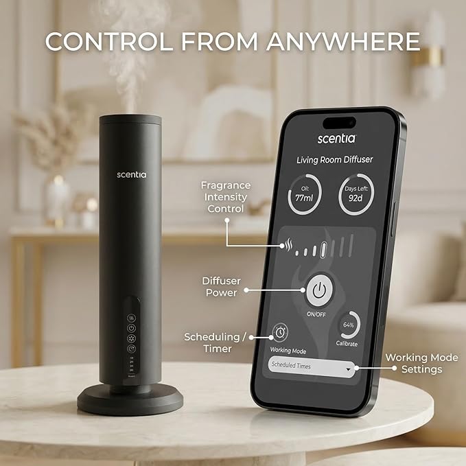 Scentia Wireless Waterless Hotel Scent Diffuser | Includes Premium USA-Made Oil Blend | App Controlled, Cordless | Home, Office, Spa, Aromatherapy | Covers 1500 Sq Ft | 72 Hrs in 1 Charging | Black