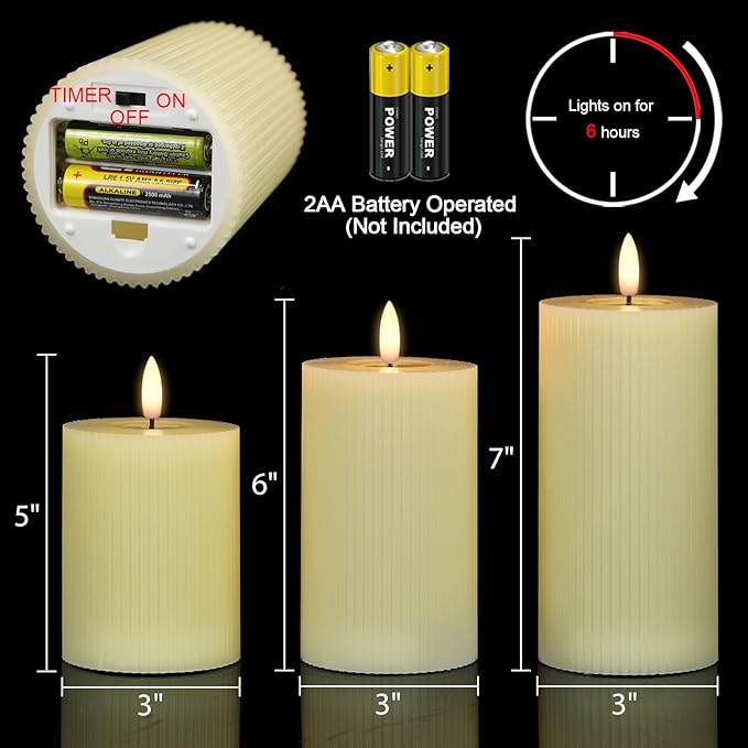 DRomance Battery Operated Flameless Candles with 6 Hour Timer 3 Pack Real Wax Vertical Stripe 3D Wick Flickering LED Pillar Candles Dinner Wedding Christmas Holiday Decor(Ivory, 3" D x 5", 6", 7" H)