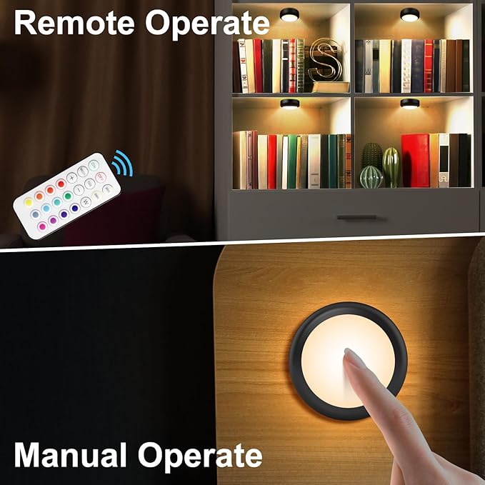 Alivation Puck Lights with Remote Control, LED Under Cabinet Lighting Wireless, LED Light Battery Operated, Tap Battery Powered, Stick on Push Lights for Closet, Kitchen, Wall, Counter (Black)