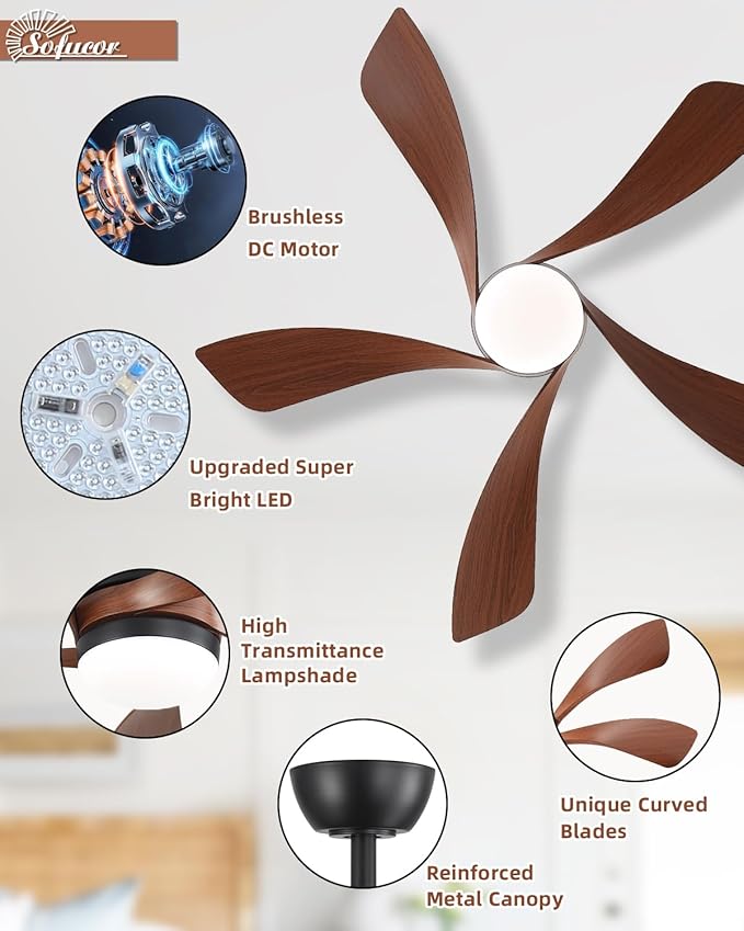 Sofucor 45 Inch Ceiling Fan with Lights and Remote, Indoor/Outdoor Ceiling Fan with Light 6-Speed 3 CCT 3-Timer, Low Profile Ceiling Fan 5 Blade Quiet DC Motor for Bedroom Living Room Patio
