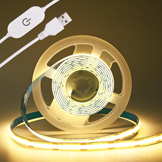 COB LED Strip Light 5V USB Tape 320LED/m Dimmable LED Strip Light USB TV Backlight Flexible Under Cabinet Tape Light for Bedroom,Kitchen,Home DIY Lighting (3000K, 6.56FT)