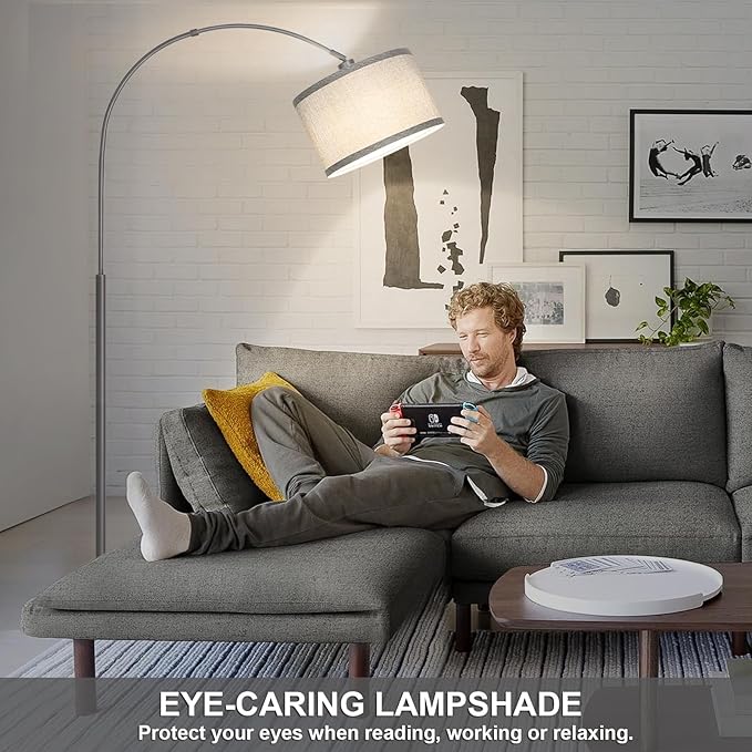Arc Floor Lamp, Modern Floor Lamp for Living Room with Adjustable Lamp Head, Tall Pole Lamp with Gray Lampsahde and On/Off Pedal Switch, Over Couch Reading Light for Bedroom, Office, Study Room
