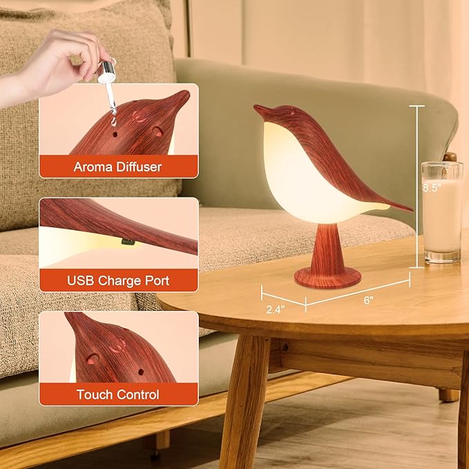 2 Cute Bird Lamps Combo,Small Bedside Lamps with 3 Color Temperature and Adjustable Brightness,Rechargeable Cordless Lamp for Bedroom Nightstand Bedside Table (Wood Tone + Red)