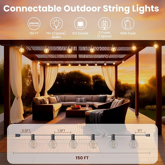 RTTY Outdoor String Lights 150 FT G40 LED Patio Light, Plug-in, 77 Plastic Edison Bulbs, Waterproof Connectable Hanging Globe Light for Cafe Bistro Backyard Porch Balcony Decor, 2700K Warm White