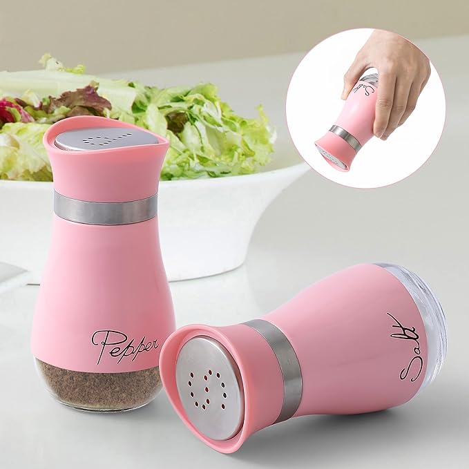 Lonffery Salt and Pepper Shakers Set - Salt Containers for Gifts, Kitchen Decor, Home, RV, Camp, BBQ, 4 oz Farmhouse Spice Dispenser with Glass Bottom, Pink, Set of 2