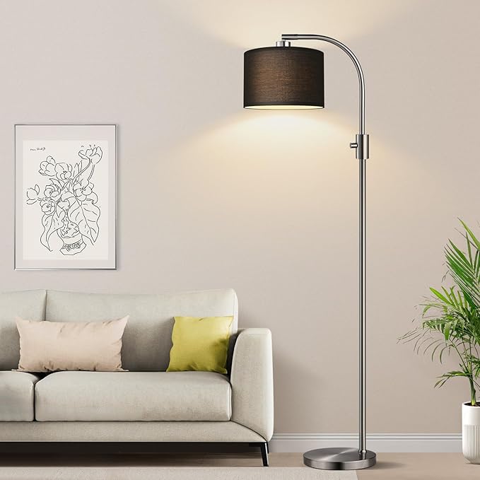 Nintiue Upgraded Modern Arc Dimmable Tall Standing Floor Lamp with Black Shade, 1200 Lumens LED Bulb Included, for Living & Reading Room, Bedroom, Office & Nursery, Brushed Nickel