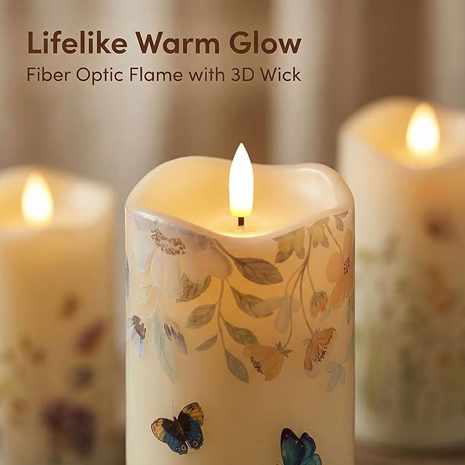 Eywamage Fiber Optic Flameless Pillar Candles with Remote Set of 3, Butterfly Floral Spring LED Candles Battery Operated Φ 3" H 6"