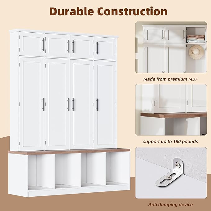 Hall Tree with Entryway Bench and Shoe Storage Compartments, Particle Board Multi-Functional Cabinet with 4 Hanging Hooks, White
