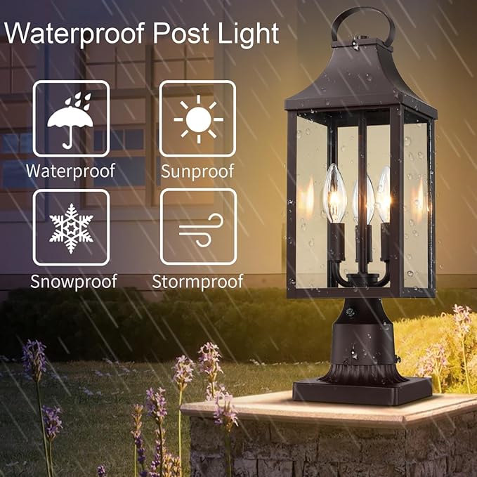 18.62'' Dusk to Dawn Post Light Outdoor, Large 3-Light Lamp Post Light Fixture, Modern Pillar Outside Lighting Waterproof Post Lantern Lamp Outdoor Post Light Fixtures Pole Lights for Porch, Brown