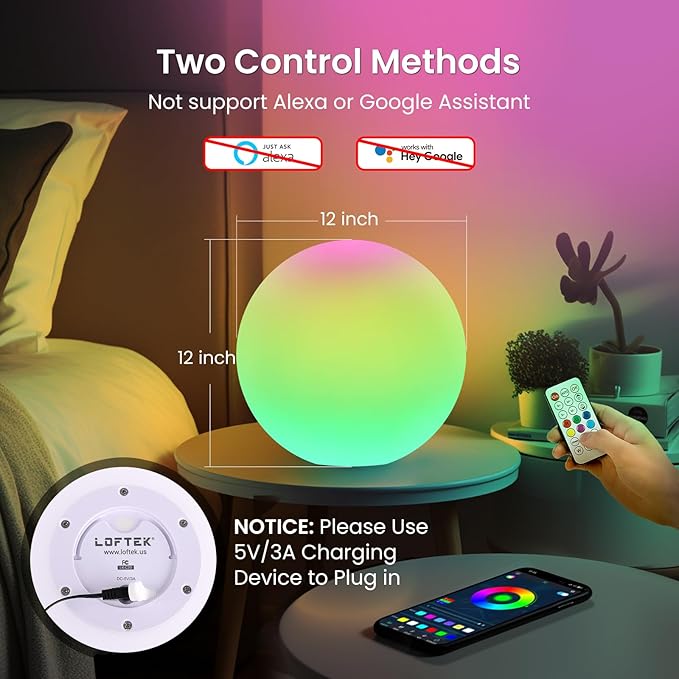LOFTEK LED Dimmable Light Ball, Nursery Night Light with Remote, IP65 Waterproof Floating Pool Lights, 16 RGB Colors & 4 Modes, Portable & USB Charging,12-inch Corded Electric