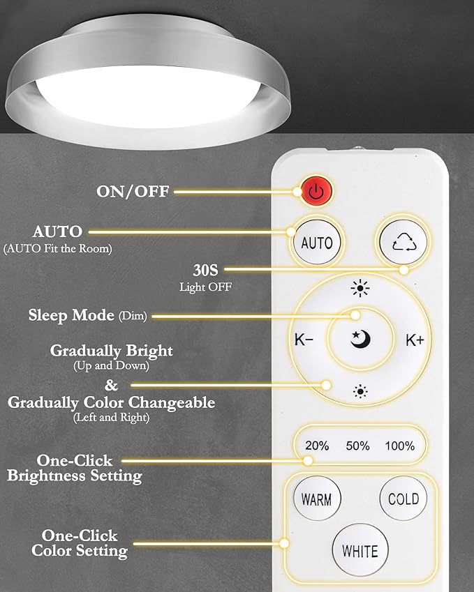 Ken & Ricky Flush Mount Ceiling Light Fixture, Led Dimmable 24w for Bedroom Kitchen Bathroom Laundry Hallway Entryway,Remote Control (Brushed Nickel,12Inch,1PK)