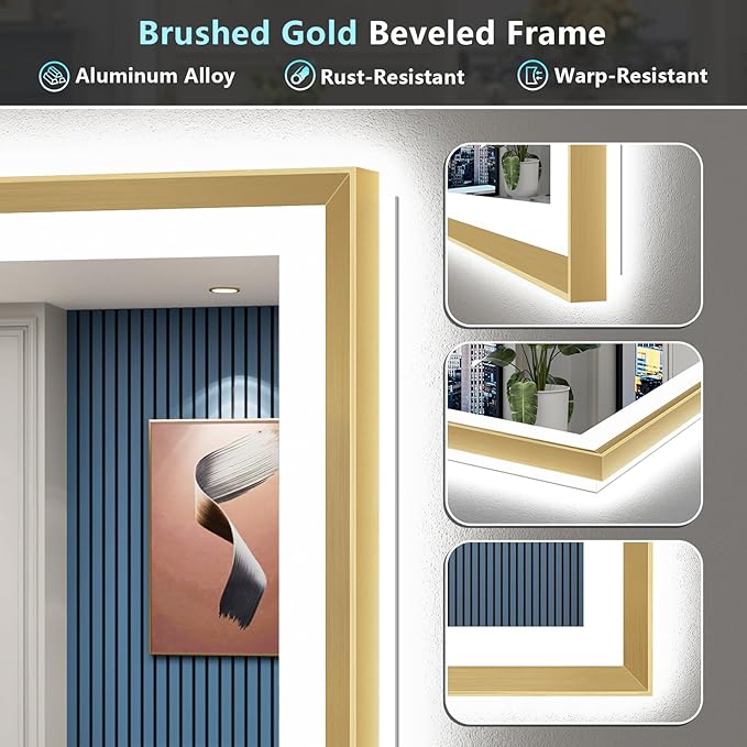 55x36 Gold Beveled LED Bathroom Mirror with Lights, Brushed Gold Framed Backlit and Front Lit Anti-Fog Lighted Vanity Mirrors for Bathroom Wall, Dimmable, 3 Colors, Memory, HD Tempered Glass