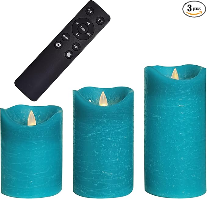 CANDLE CHOICE Real Wax Battery Operated Flameless Candles with Remote Automatic Daily Cycle Timer Realistic Flickering Electric LED Pillars Wedding Party Holiday Decorations 3 Pack Rustic Texture Teal