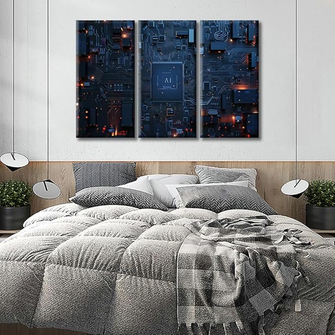 3 Panel Canvas Prints Motherboard Digital Chip Wall Art Circuit Board Pictures Wall Painting Advanced Circuitry Artwork for Home Decor Stretched and Framed Ready to Hang (42"Wx28"H)