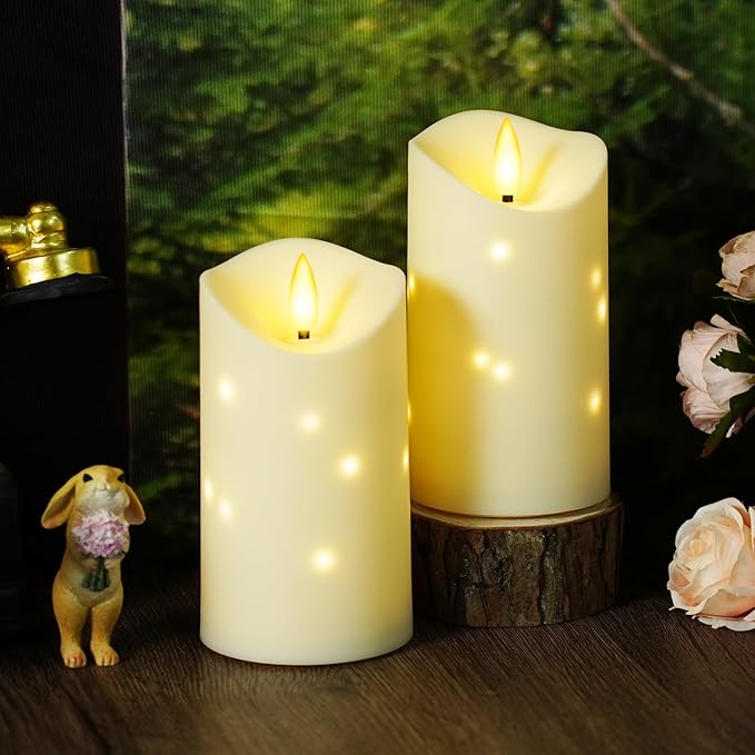 Outdoor Waterproof Flickering Flameless Candles with Embedded Star String,2Pcs LED Pillar Candles Battery Operated with Remote and Timers for Courtyard,Porch,Camping,Holiday Decoration(Ivory)