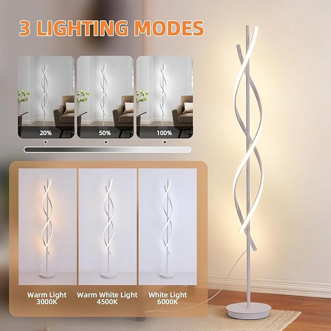 Unique Spiral Floor Lamp for Living Room Modern LED Floor Lamp with Remote Control 3 Color 62Inch Dimmable White Floor Lamp Temperature Corner Floor Lamps for Bedroom Office