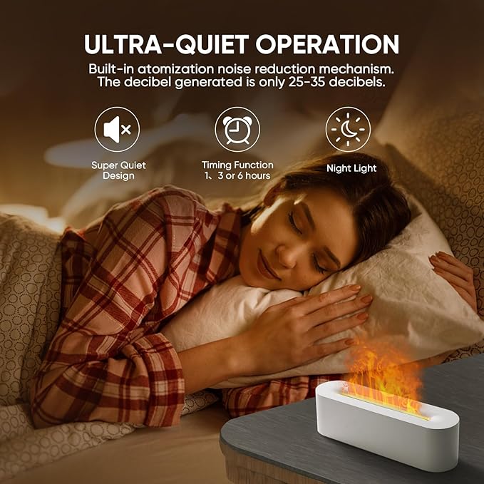 Essential Oil Diffuser, Fireplace Flame Fire Oil Diffuser, 150ml Ultrasonic Cool Mist Aromatherapy Humidifier, Scent Aroma Diffuser with 7 Colors Light, Timer & Auto-Off for Home, Room (White)