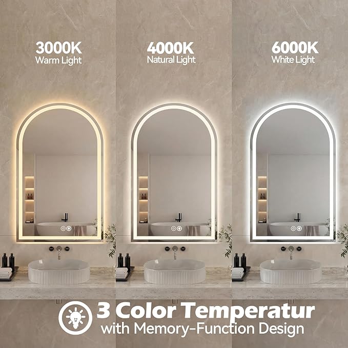 Sweetcrispy 20"×28" LED Bathroom Mirror with Lights, Arched Vanity Mirror with Anti-Fog, Dimmable, 3-Color Light, Memory Function, Tempered Glass