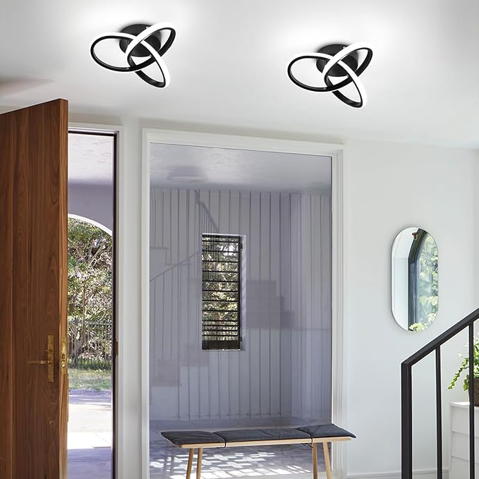 Modern LED Ceiling Light, 2 Rings Creative Black Hallway Ceiling Lighting 6000K Flush Mount Ceiling Lights for Kitchen Bathroom Cool White Light 22W (Black)