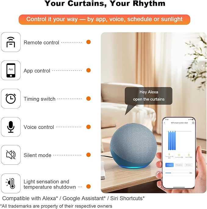 Automatic Curtain Opener with Remote, Compatible with Alexa and Google Home, Smart with Remote for Roman/U/T Rails, Bluetooth Curtain Opener with App/Timer, Gifts for Women and Men