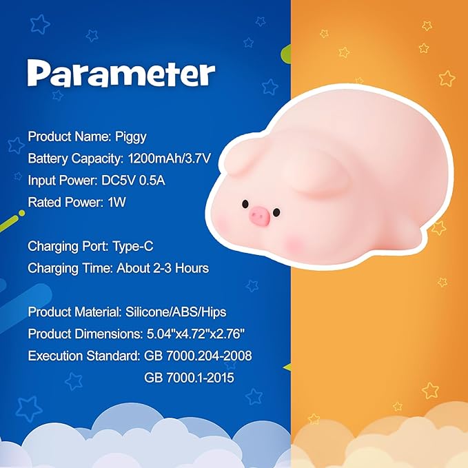 Squishy Pig Night Light 3 Brightness Adjustable Cute Lying Flat Piggy Light with Timer Nursery Breastfeeding Nightlight Rechargeable Silicone Touch Bedside Animal Lamp for Home Bedroom Dorm Decor