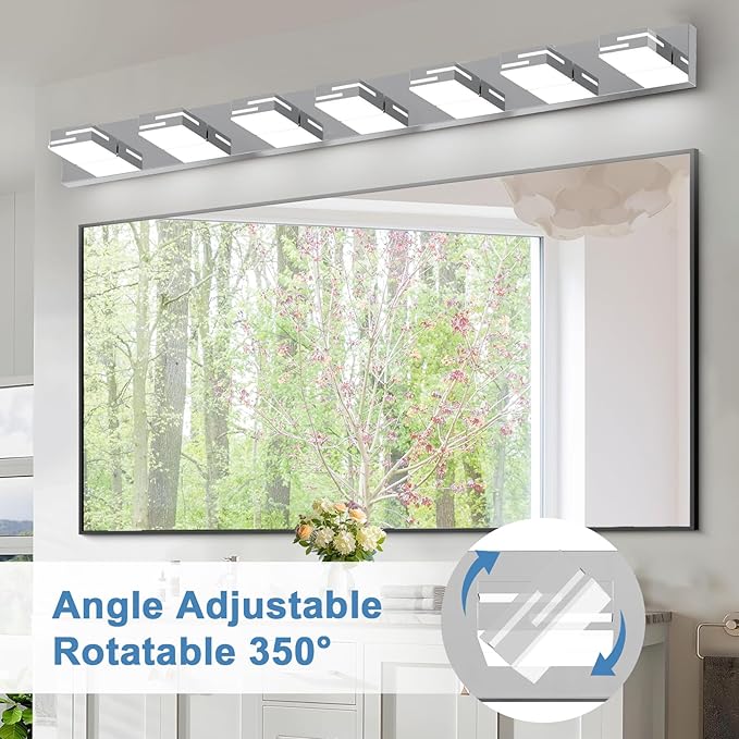 LED Modern Bathroom Vanity Light Fixtures, 7-Light 48-inch Dimmable Chrome Vanity Lights for Bathroom Lighting Fixtures Over Mirror, with 350° Rotatable Heads (Cool White 6000K)
