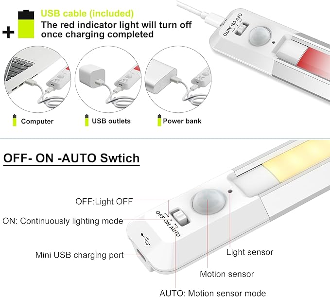 BIGMONAT Motion Sensor LED Night Light,Wireless USB Rechargeable Under Cabinet Strip Lights Stick-On Magnetic Closet Lighting Bar for Kitchen, Hallway, Motion Activated Indoor Light - White, 2Pack