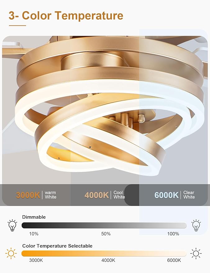 52" White Ceilling Fans with Lights Modern Chandelier Fan DC Motor Dimmable Led Fandelier Ceiling Fan with Light for Bedroom, Living Room