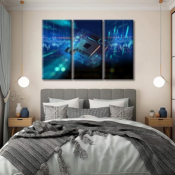 TUMOVO Wall Decor CPU Concept Wall Art Abstract Futuristic PCB Pattern and CPU Artwork Pictures Wall Decor for Living Room 3 Piece Contemporary Home Decor Print on Canvas Ready to Hang (60" Wx40 H)