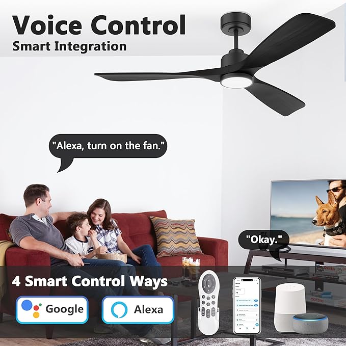 52 Inch Wood Smart Ceiling Fans with Lights Remote,Voice Control via WIFI Alexa App,Quiet DC Motor,Outdoor Indoor Ceiling Fan,Dimmable,Modern Black Lighting & Ceiling Fan for Bedroom Patio Porch