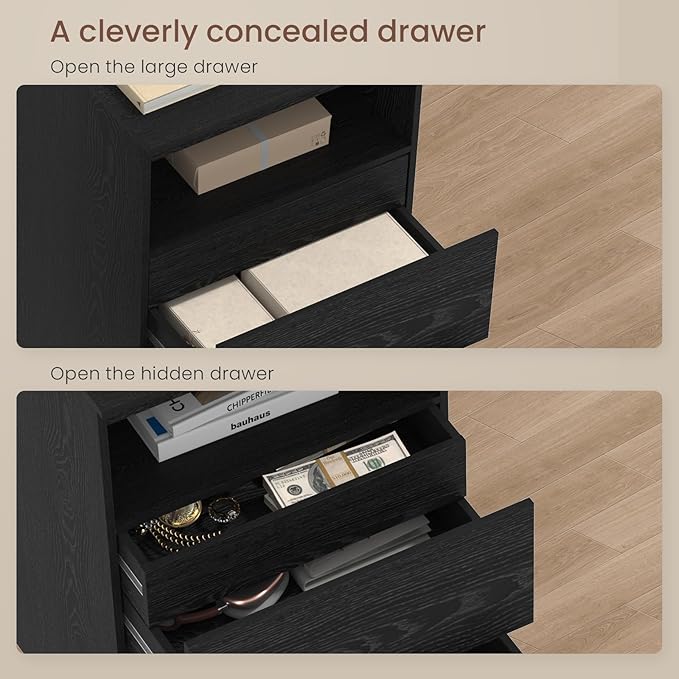 Nightstand Set of 2 with LED Lights, 26" H with Hidden Drawer,Bedside Table with Charging Station, 3 Drawers, Modern Night Stand for Bedroom, Black