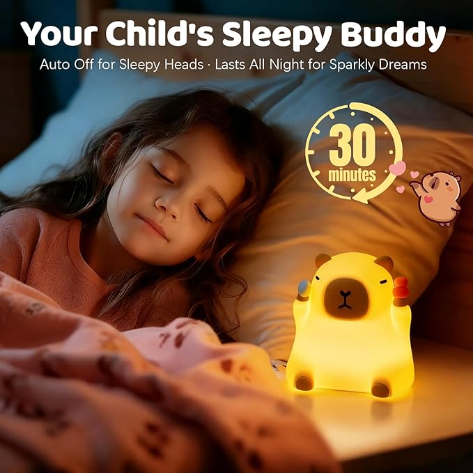 Capybara Night Light for Kids, Capybara Squishy Lamp, 3 Level Dimmable Nursery Nightlight with Timer, Rechargeable Cute Animal Night Light for Baby, Bedroom Decor