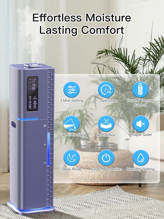 10L/2.64Gal Humidifiers for Bedroom, Top Fill Quiet Ultrasonic Cool Mist Humidifier Large Room, Covers 550ft², 60H Runtime, 24H Timer, 3 Mist Modes Humidifiers for Home, Office, Plants, Purple